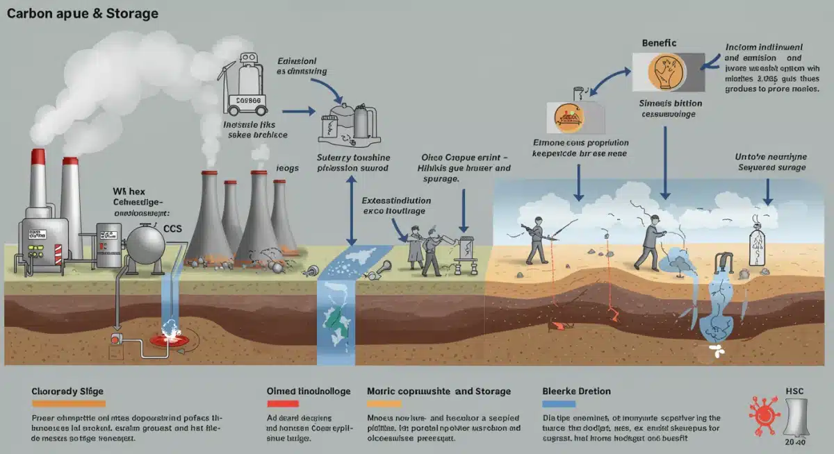 Infographic detailing the carbon capture and storage process, showing CO2 capture, transport, and geological sequestration.