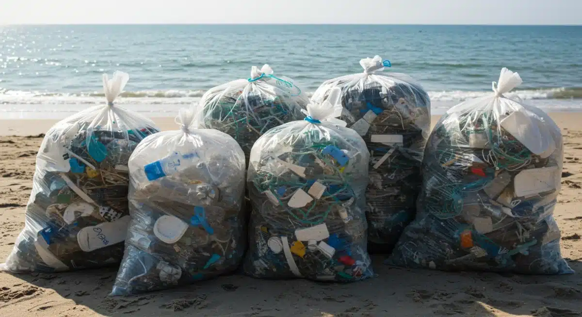 Collected plastic waste on a beach during a cleanup operation