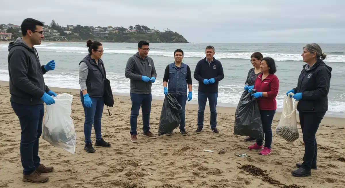 Community volunteers actively cleaning a beach, collecting plastic waste, highlighting local engagement.