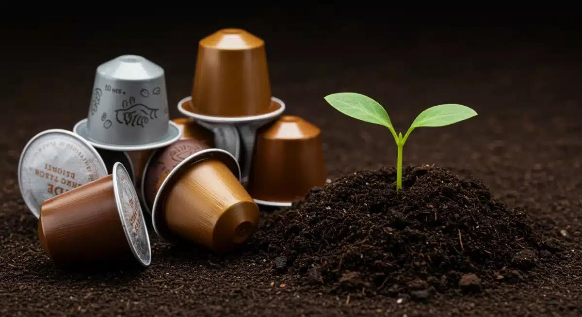 Assortment of compostable coffee pods next to a growing plant, highlighting their eco-friendly disposal.