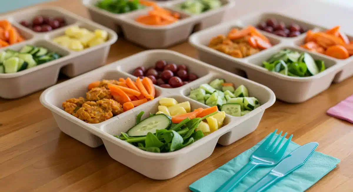 Compostable lunch trays and reusable cutlery for school meals