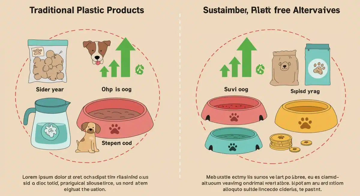 Cost comparison graphic for plastic versus plastic-free pet products over one year.