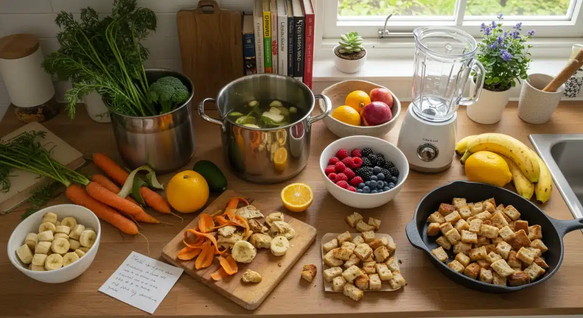 Creative cooking with food scraps for stock, smoothies, and croutons.