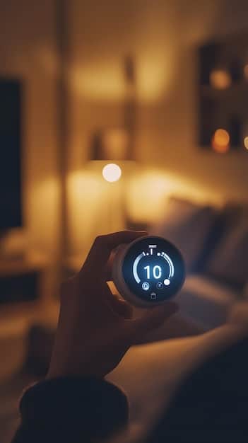 A close-up of a hand adjusting a sleek, modern smart thermostat, with a warm, inviting living room visible in the blurred background, highlighting intelligent energy management.