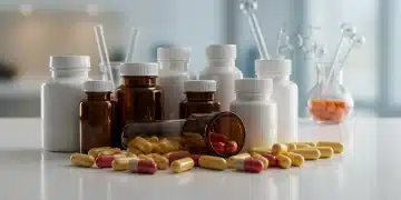 Assortment of dietary supplement bottles and capsules on a table, representing health and wellness choices.