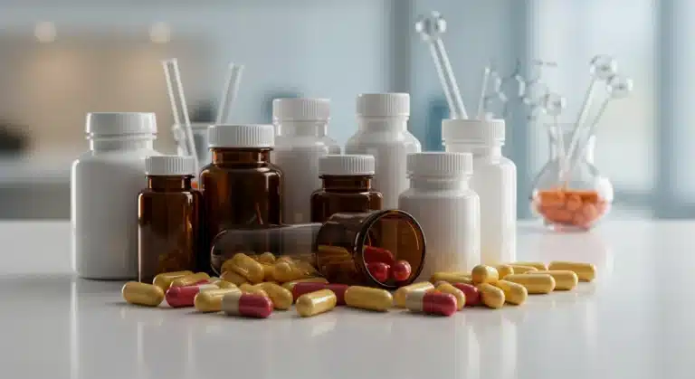 Assortment of dietary supplement bottles and capsules on a table, representing health and wellness choices.