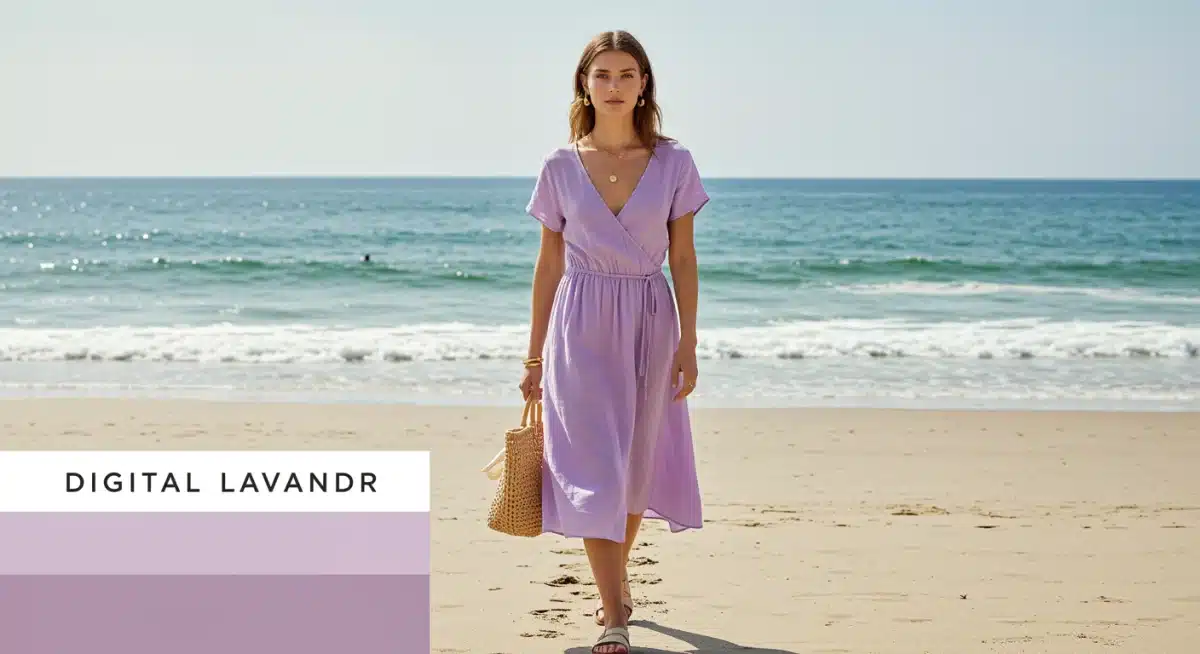 Model in Digital Lavender dress on beach, showcasing 2025 summer fashion trend.