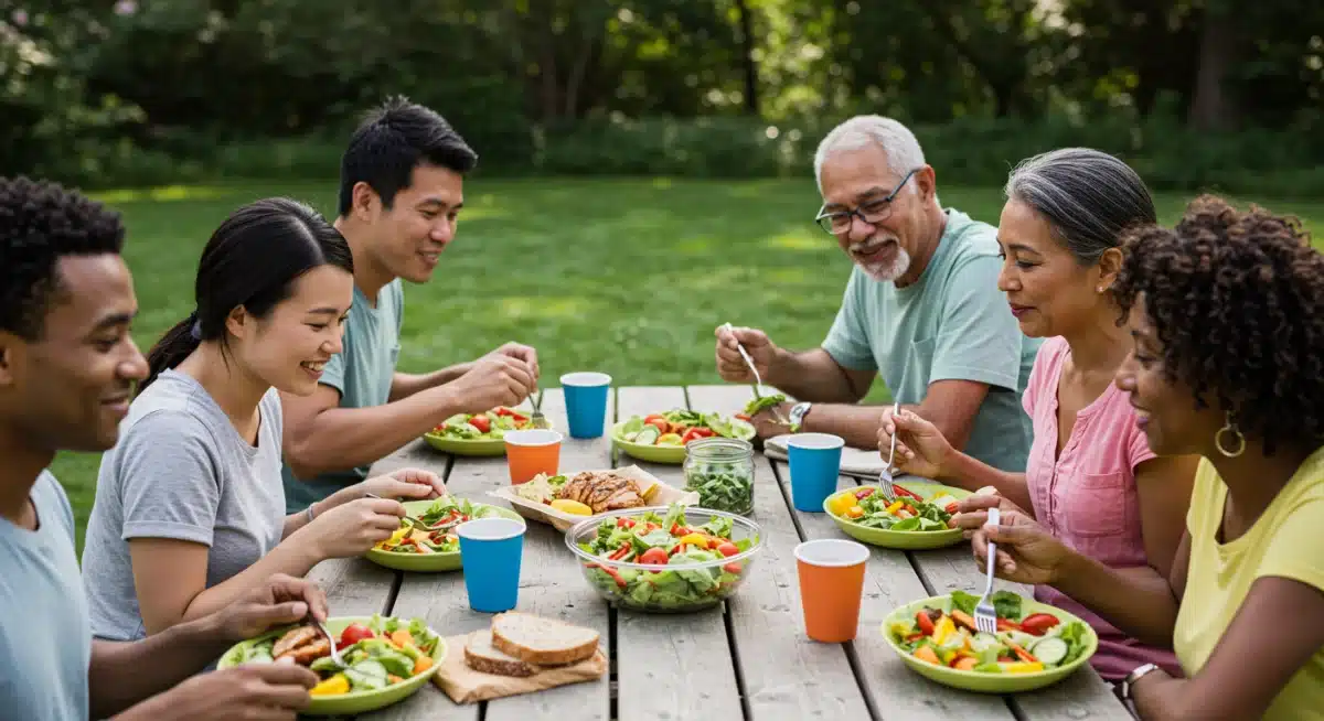 Diverse group enjoying healthy outdoor meal together