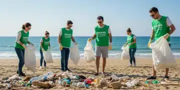 Earth Day 2025: Join Coastal Plastic Cleanup Drive Volunteers cleaning plastic debris from a sunny coastal beach