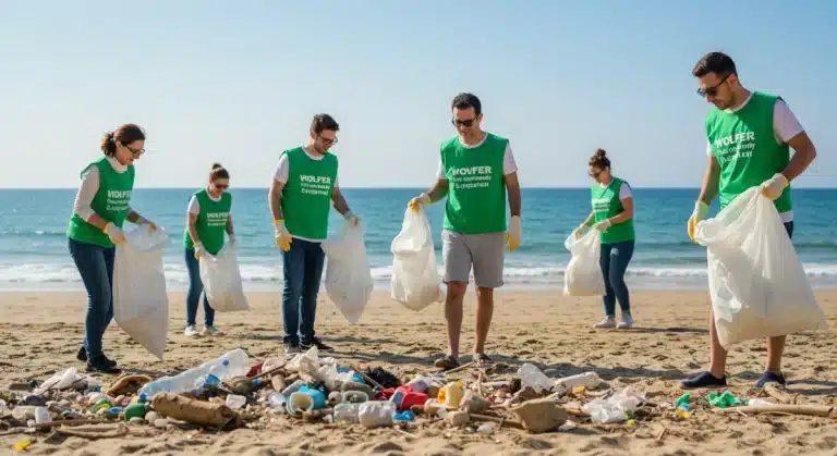Volunteers cleaning plastic debris from a sunny coastal beach