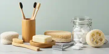 Eco-friendly bathroom with bamboo toothbrush, shampoo bar, and safety razor