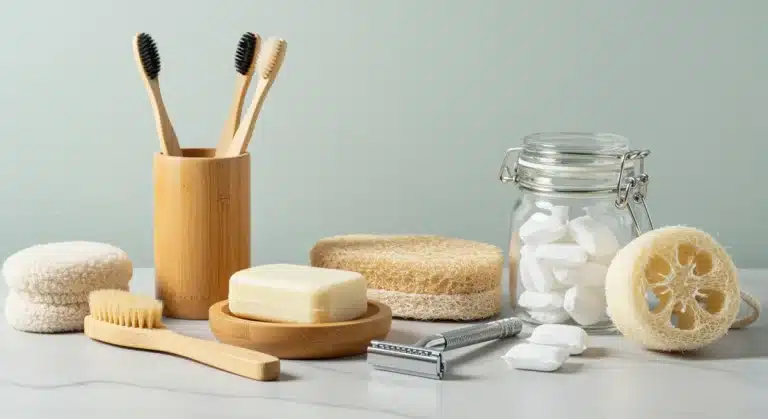 Eco-friendly bathroom with bamboo toothbrush, shampoo bar, and safety razor