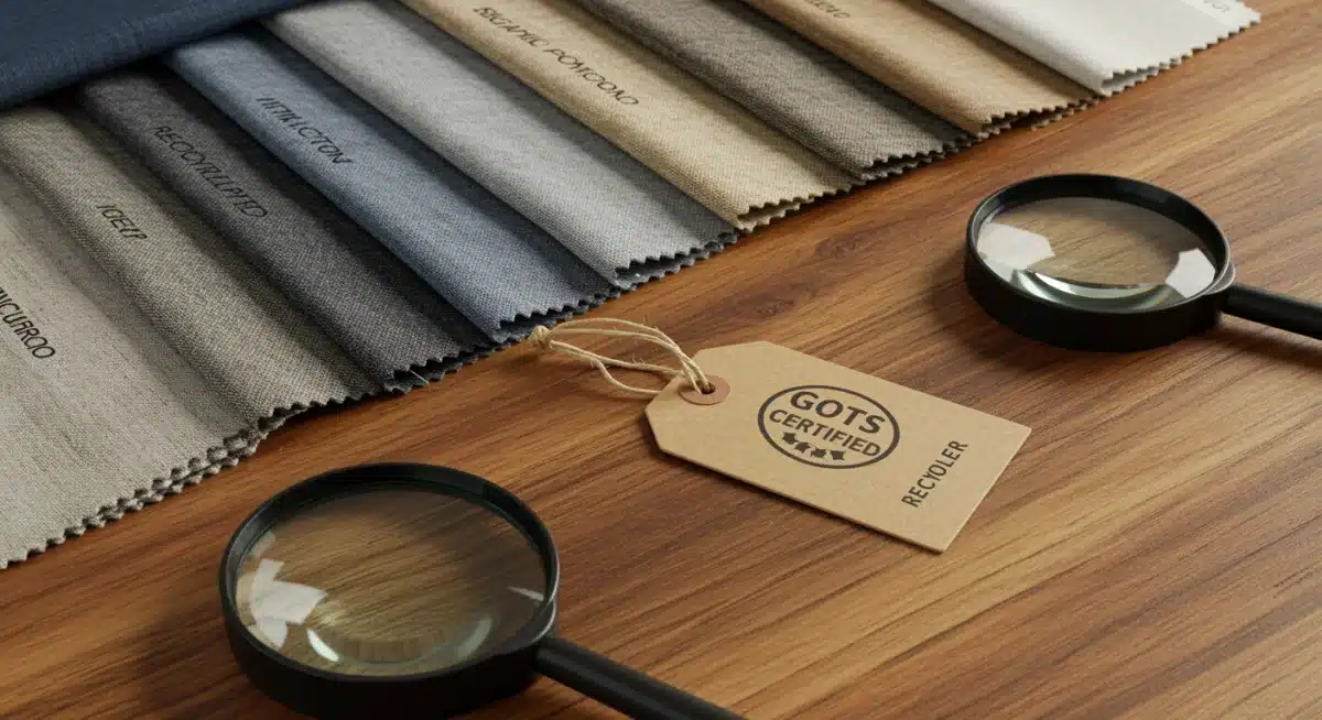 Close-up of eco-friendly fabric swatches with GOTS certification tag.