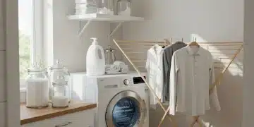 Eco-friendly laundry products and a washing machine with a microplastic filter in a clean, sustainable laundry room setting.