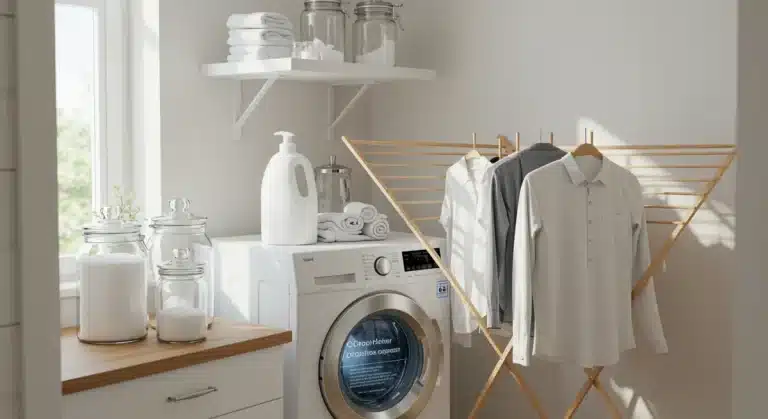 Eco-friendly laundry products and a washing machine with a microplastic filter in a clean, sustainable laundry room setting.