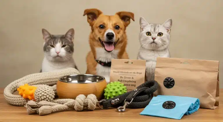 Eco-friendly pet products like bamboo bowls, hemp leash, natural rubber toy, and biodegradable bags.