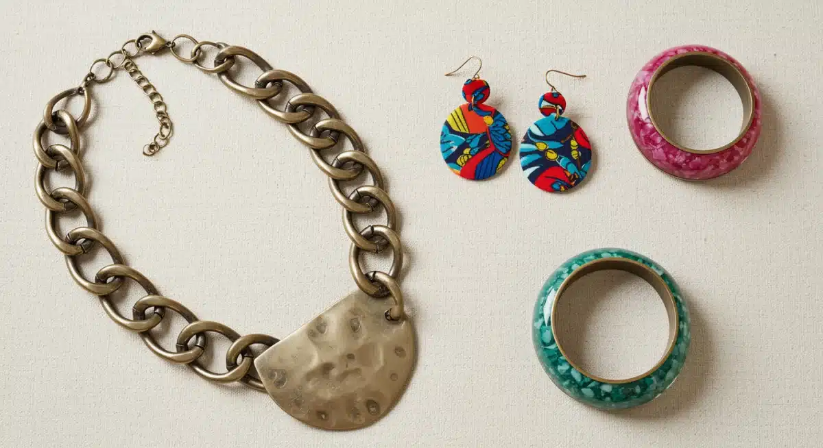 Eco-friendly statement jewelry pieces for 2025 summer trends, featuring recycled metals and upcycled fabrics