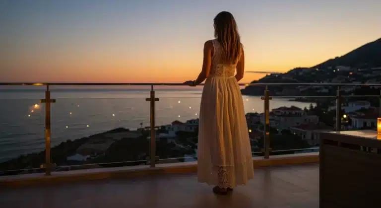 Woman in elegant flowing lace maxi dress at sunset