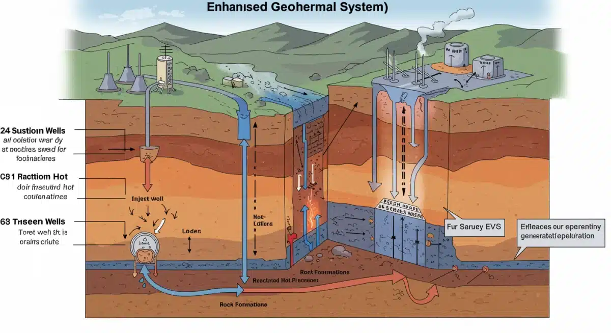 Detailed diagram of an Enhanced Geothermal System (EGS) showing water injection, heat exchange in hot rock, and power generation.