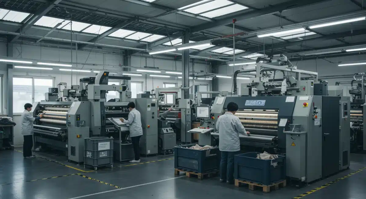 Modern textile factory emphasizing ethical production and clean energy.