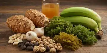 Collection of exotic superfoods for gut health on a wooden table
