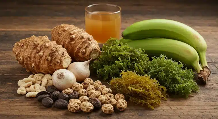 Collection of exotic superfoods for gut health on a wooden table