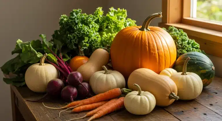 Vibrant autumn harvest spread with seasonal vegetables for healthy eating.