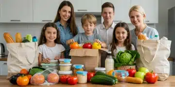Plastic-Free Groceries: Cut Waste by 25%, Save $50 Monthly Family unpacking plastic-free groceries, showing fresh produce and reusable containers.