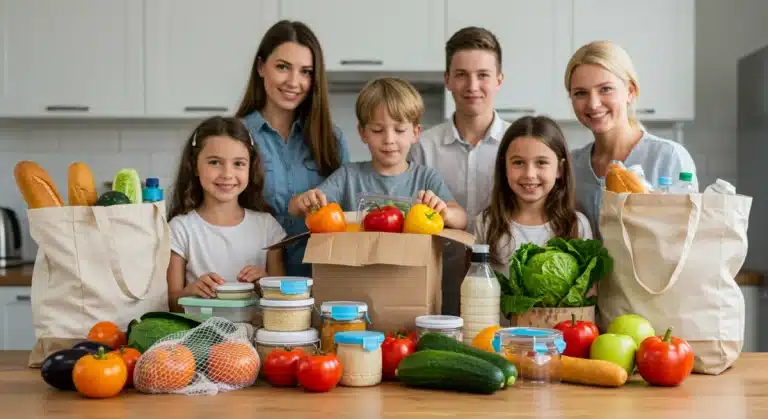Family unpacking plastic-free groceries, showing fresh produce and reusable containers.