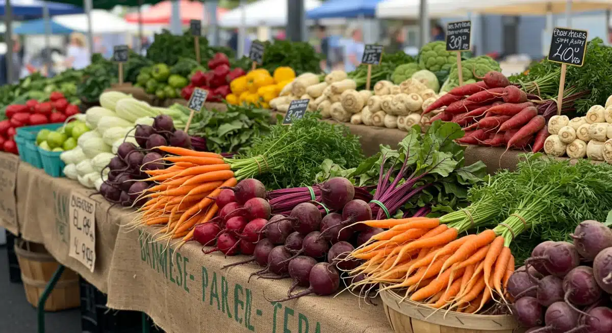 Colorful display of fresh root vegetables at a bustling farmer's market.