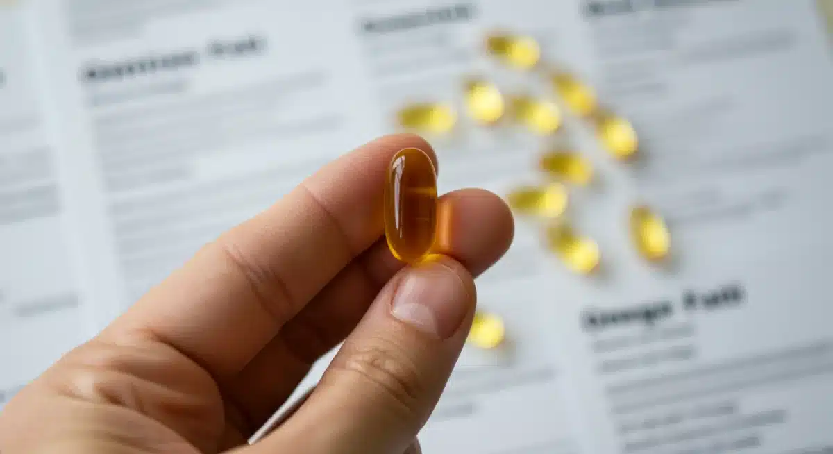 Hand holding a fish oil capsule, symbolizing omega-3 benefits and research.