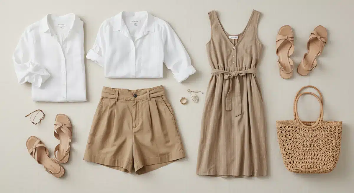Flat lay of five core versatile summer wardrobe items