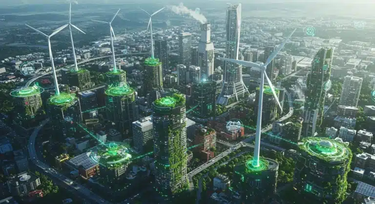 Futuristic cityscape showcasing diverse green tech investments beyond solar panels for sustainable 2025