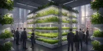 Futuristic vertical farm in urban setting, showcasing advanced agricultural technology.