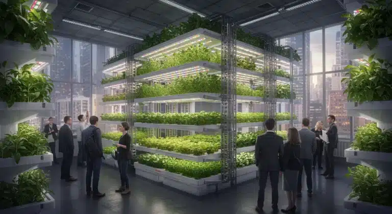 Futuristic vertical farm in urban setting, showcasing advanced agricultural technology.