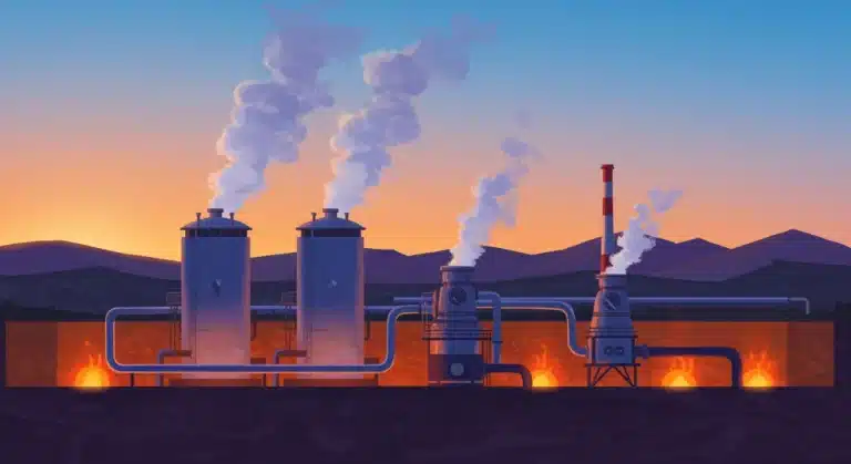 Geothermal power plant with steam and modern turbines against a mountain backdrop at sunset, symbolizing clean energy innovation.