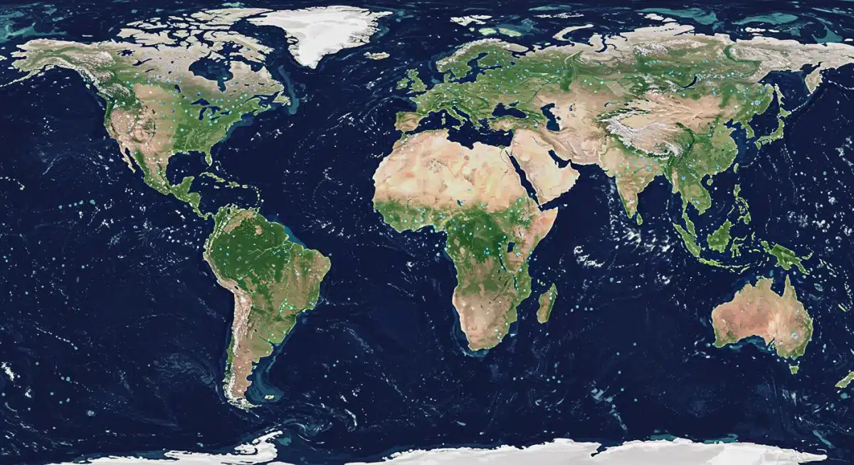 Global map with IoT climate monitoring sensor data overlays