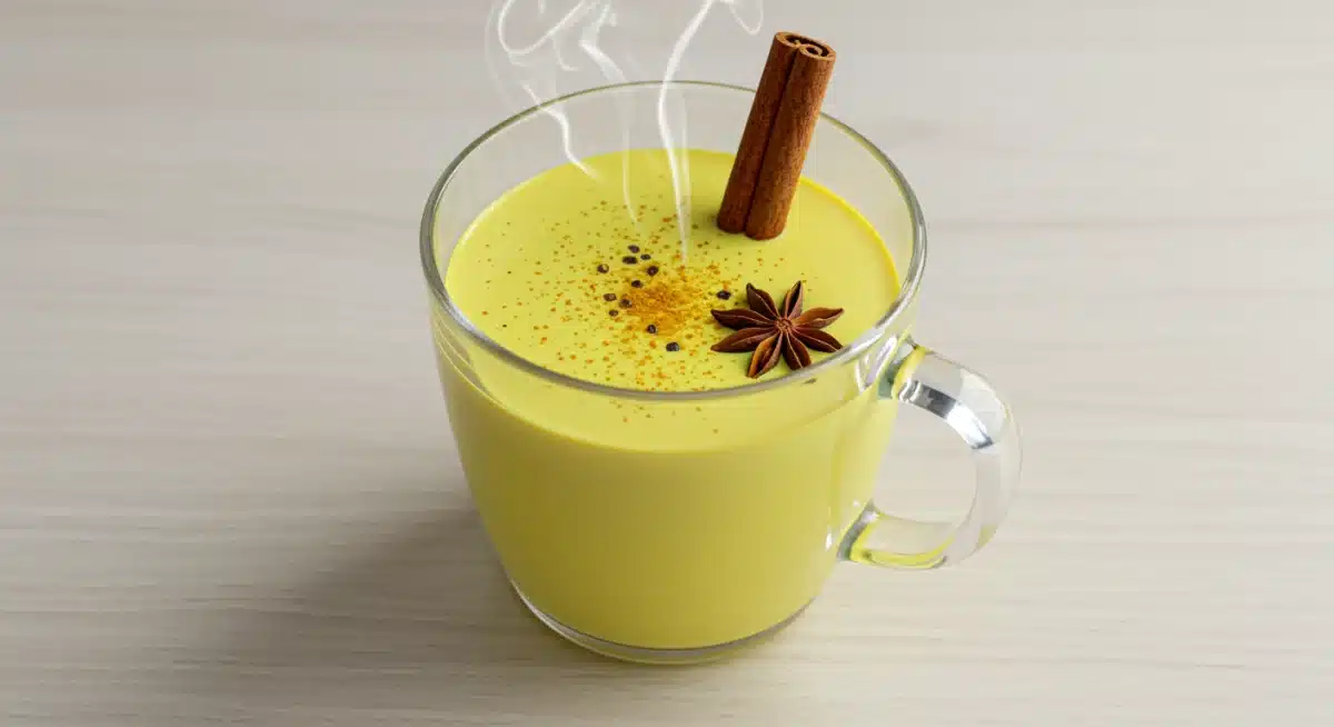 Golden milk with turmeric and black pepper, a comforting healthy beverage