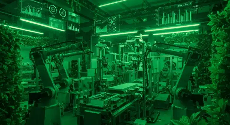 Futuristic green manufacturing facility with robots and data displays