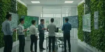 2025 Green Tech Job Market: 4 High-Demand Skills Emerge Professionals collaborating on green tech projects in an eco-friendly office
