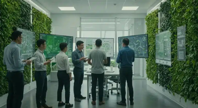Professionals collaborating on green tech projects in an eco-friendly office