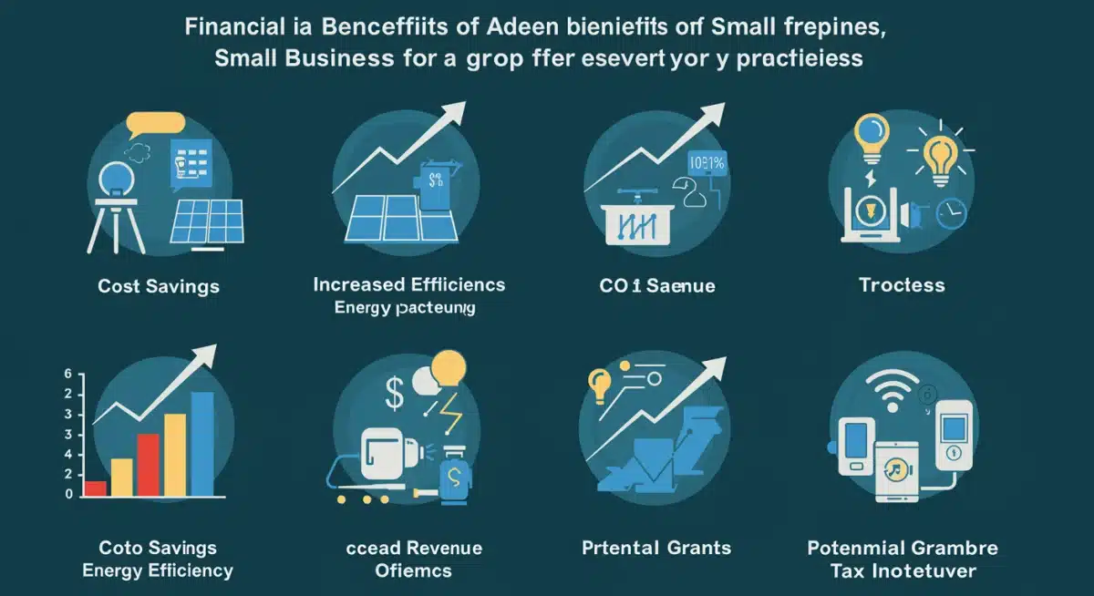 Infographic showing financial benefits of green technology adoption for small businesses, including cost savings and increased revenue.