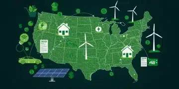 Illustration of green tech tax incentives, showing solar panels, wind turbines, and EVs with financial graphs.