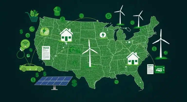 Illustration of green tech tax incentives, showing solar panels, wind turbines, and EVs with financial graphs.