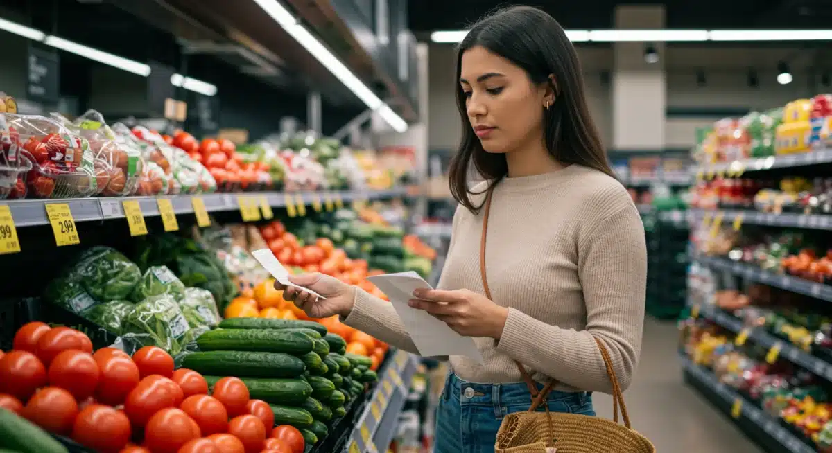 Shopper comparing prices of produce in a grocery store for affordable healthy eating.