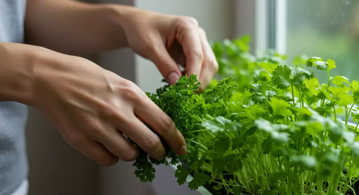 Hands harvesting fresh herbs from an indoor garden