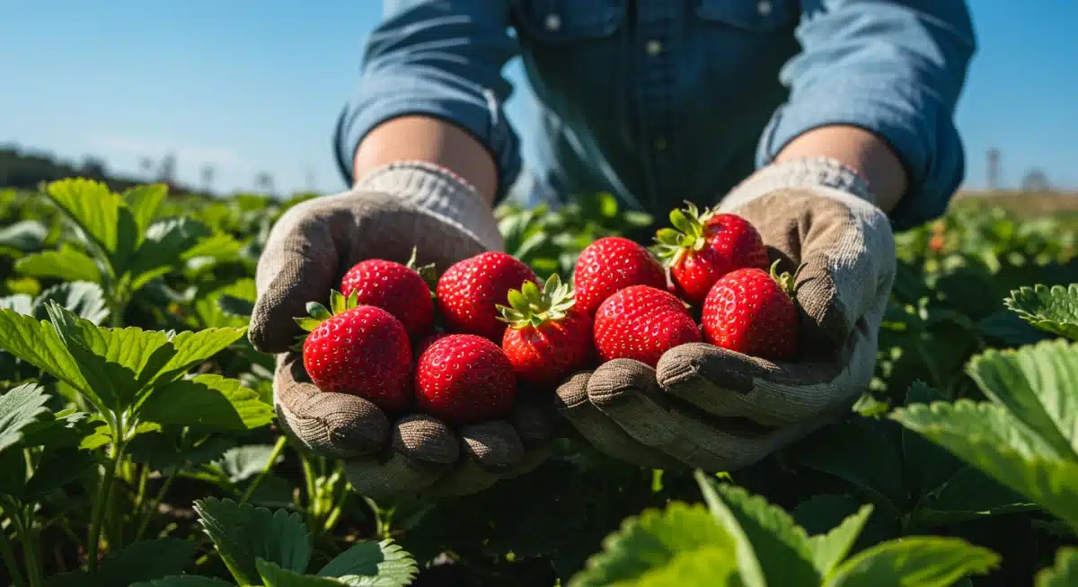 Hands picking fresh strawberries from a field, highlighting farm-to-table seasonal eating.
