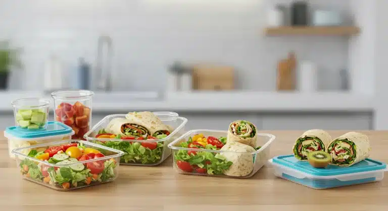 Assortment of healthy, low-cost meal prep containers for busy professionals