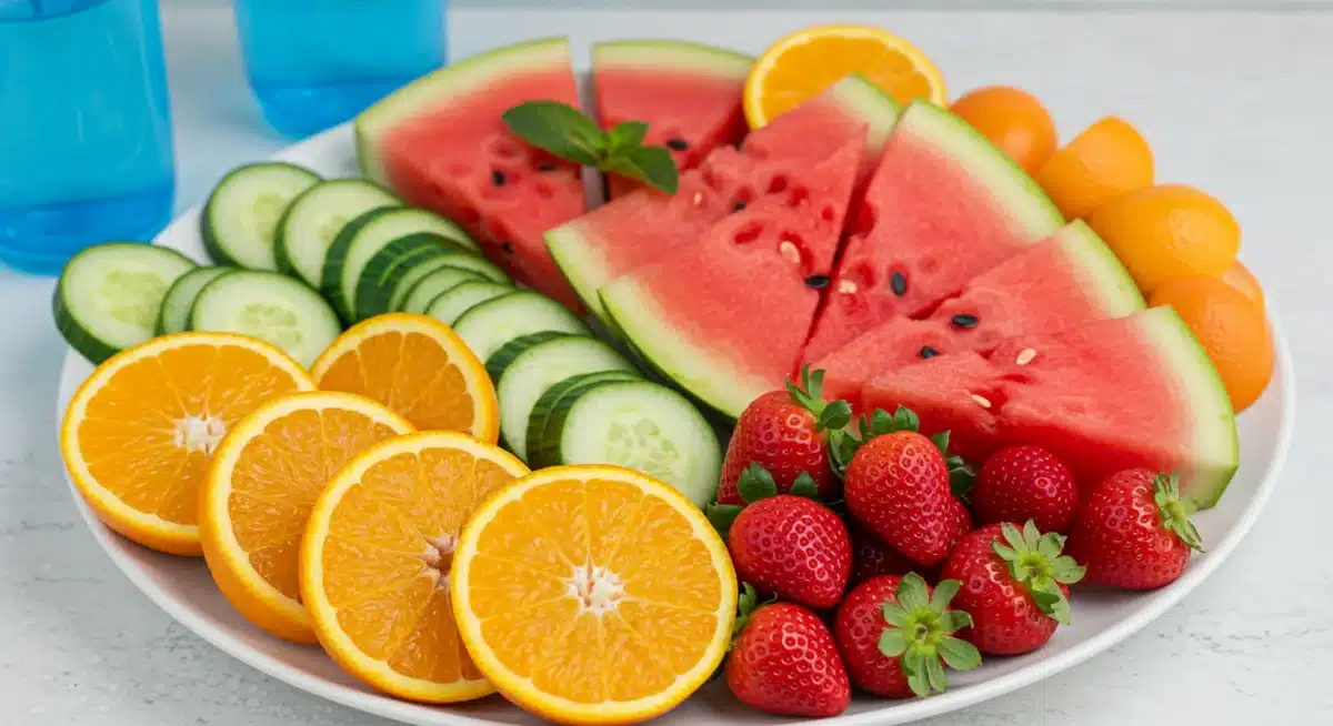 Assortment of hydrating fruits and vegetables on a platter.