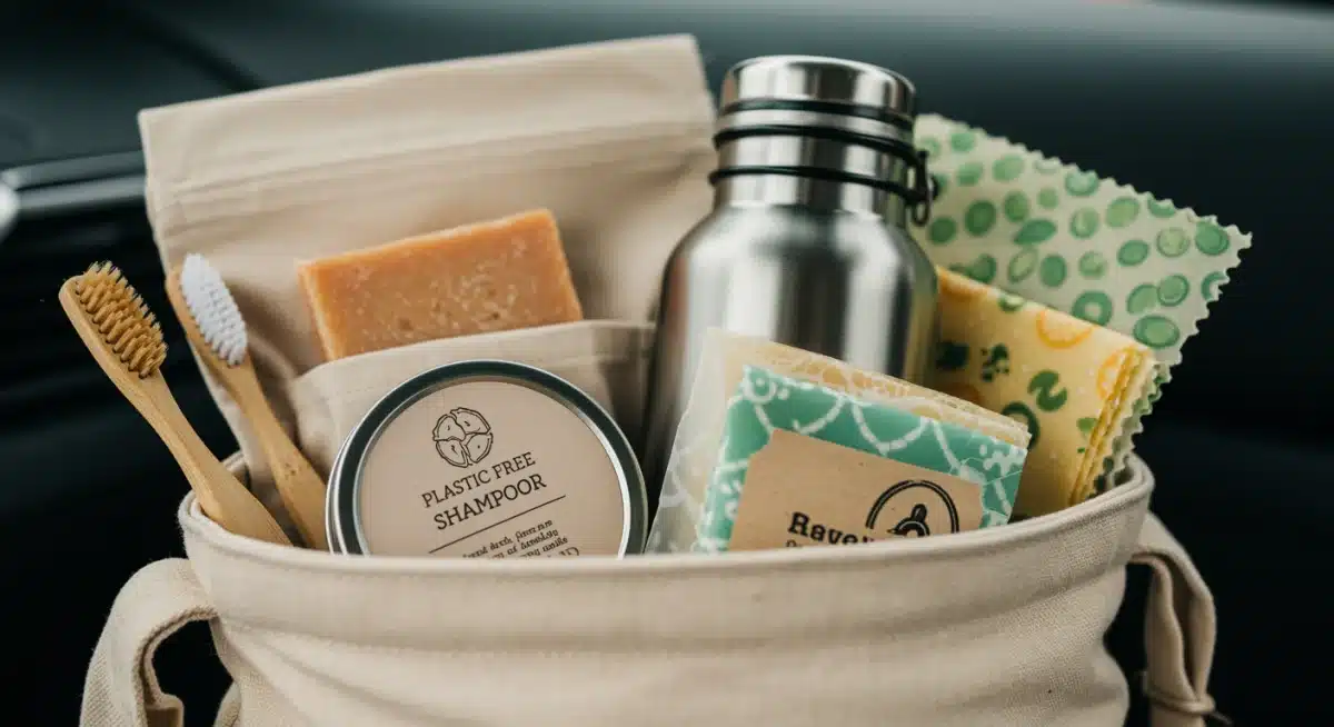 Organized plastic-free travel kit with bamboo toothbrush and solid shampoo bar.